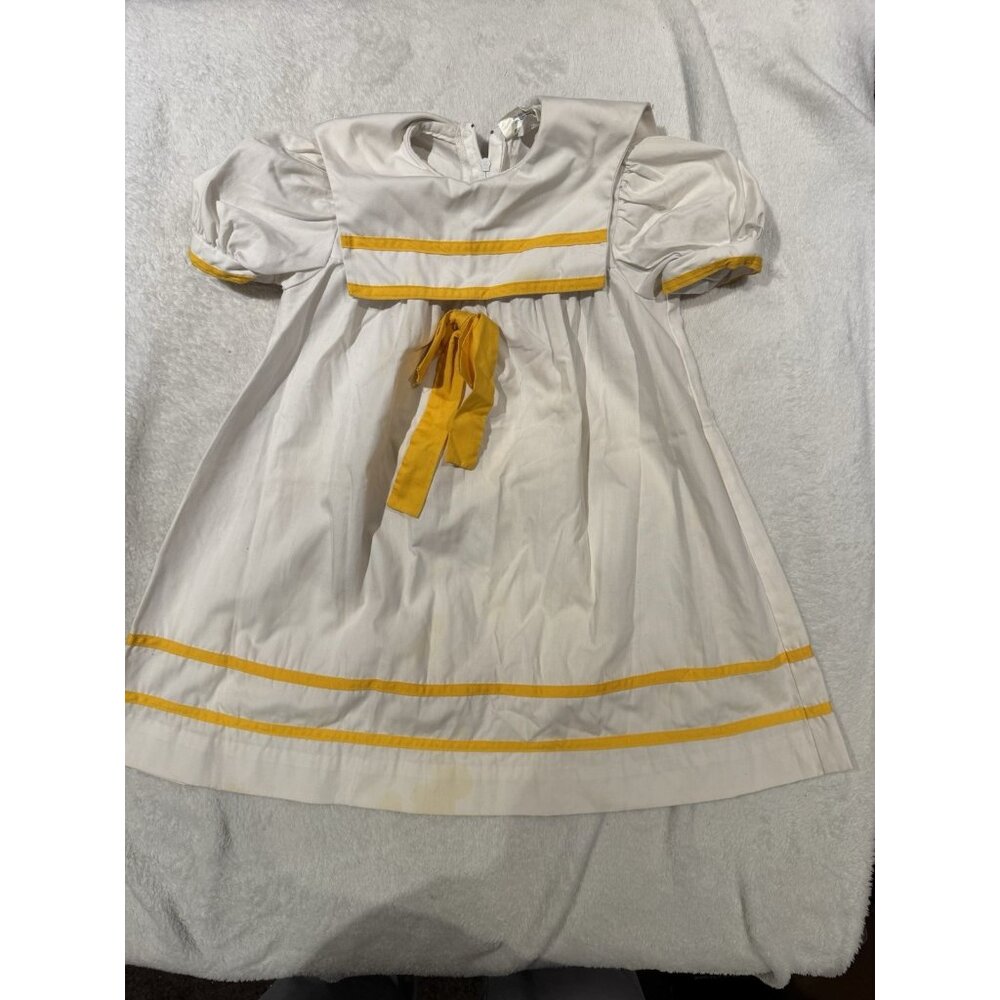 Vintage Manhattan 70s 80s Girls Dress Size 5 White Yellow Bow Made Canada